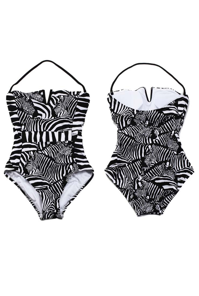 Zebra Printed Smocked Strapless One-Piece Swimsuit