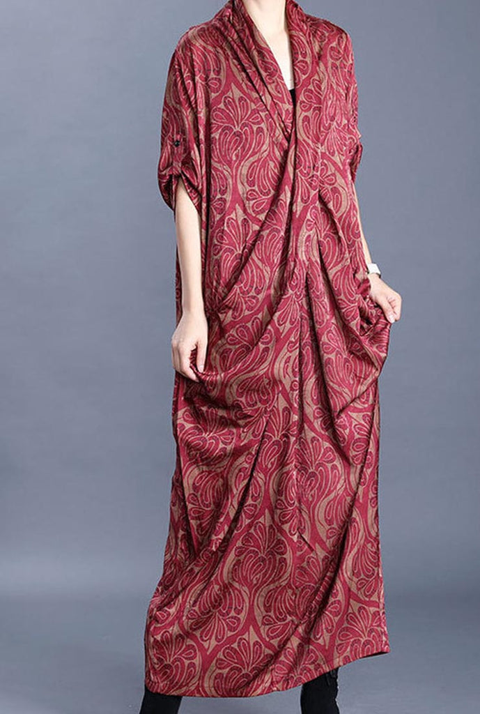 Silk Printed V-neck Loose-Fit Wrap Maxi Dress