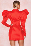 Red Puff Sleeve Lapel Bodycon Mini Dress