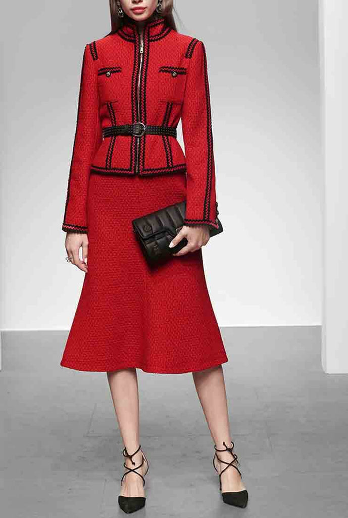 Red Tweed Belted Jacket + Midi Skirt Two Piece Set