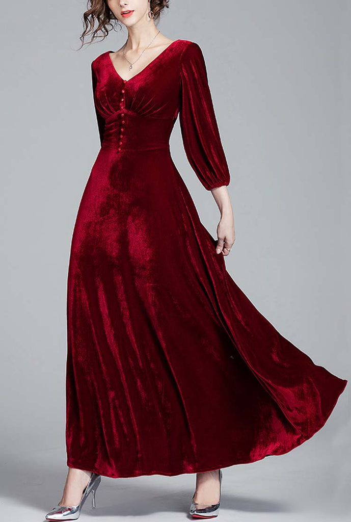 Red Velvet Long Sleeve V-neck Wedding Guest Maxi Dress