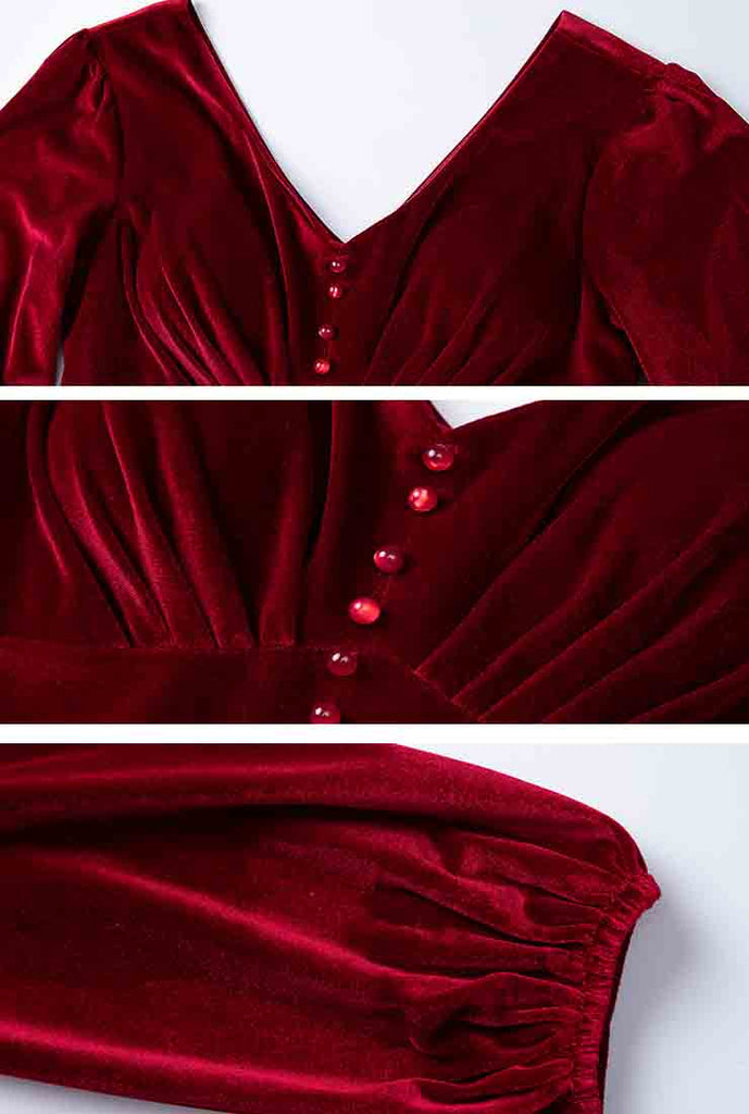 Red Velvet Long Sleeve V-neck Wedding Guest Maxi Dress