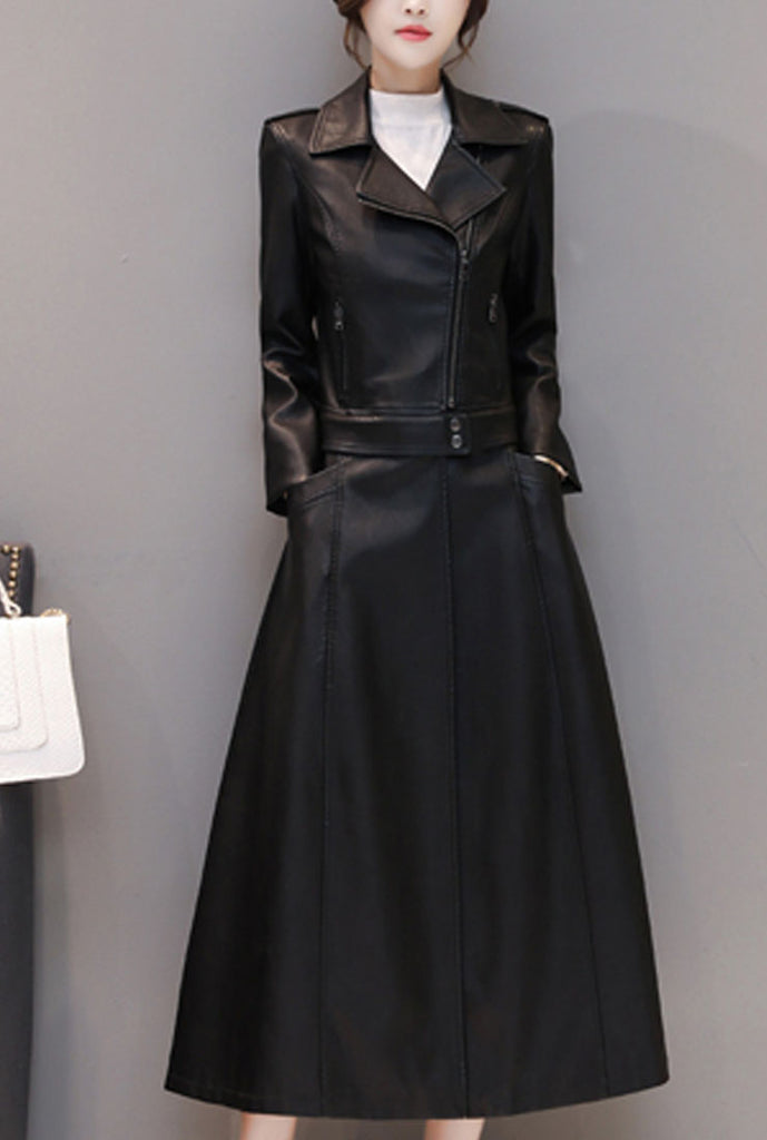 Removable Ankle-length Leather Coat