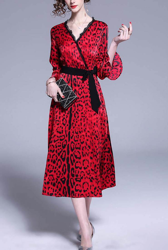 Sexy V-neck Flared Leopard Print Maxi Dress
