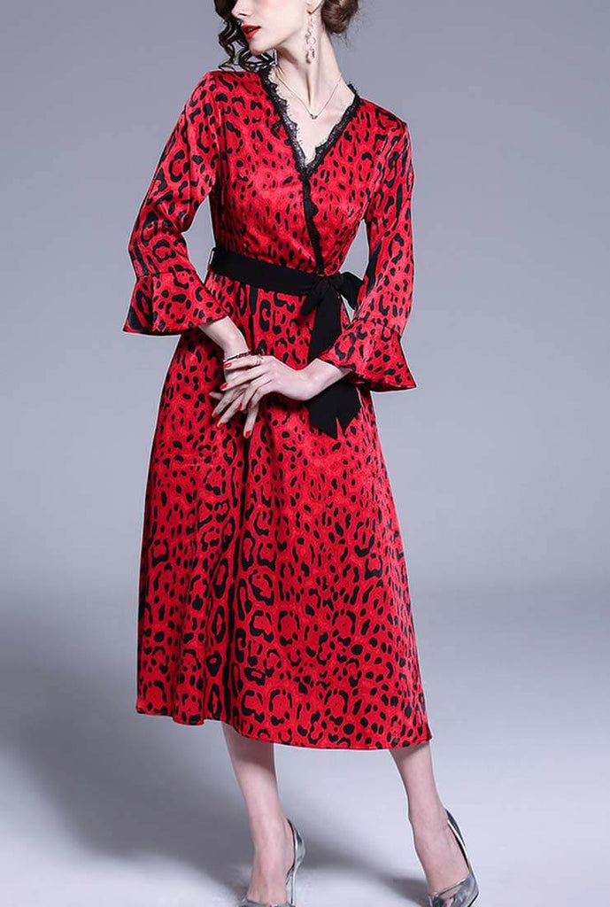 Sexy V-neck Flared Leopard Print Maxi Dress