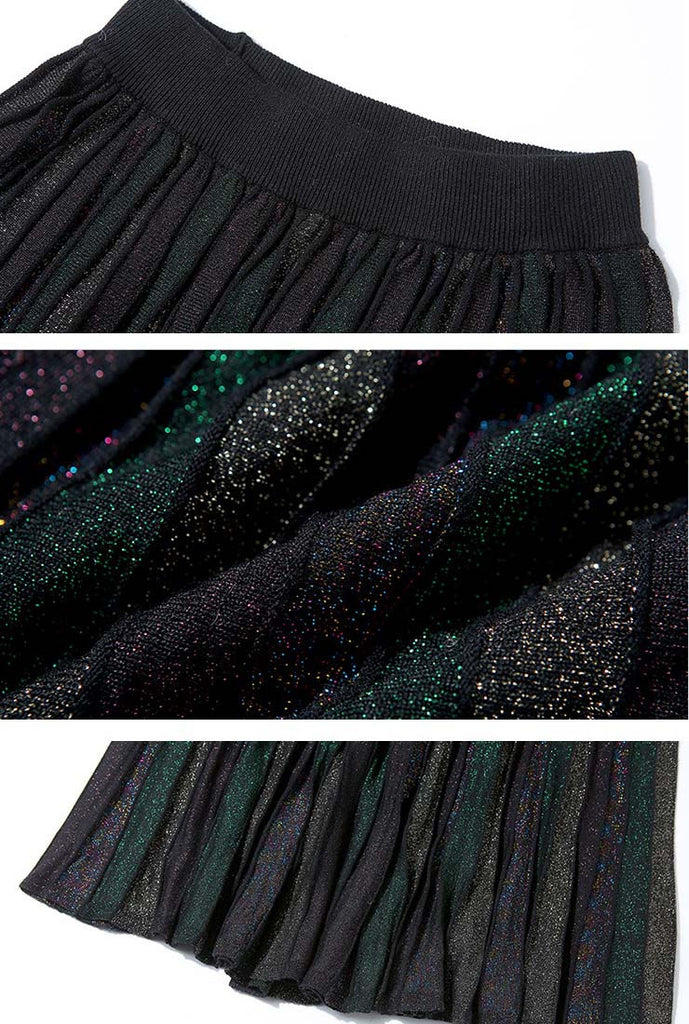 Shiny Yarn Knit Top + Pleated Midi Skirt Two Piece Set