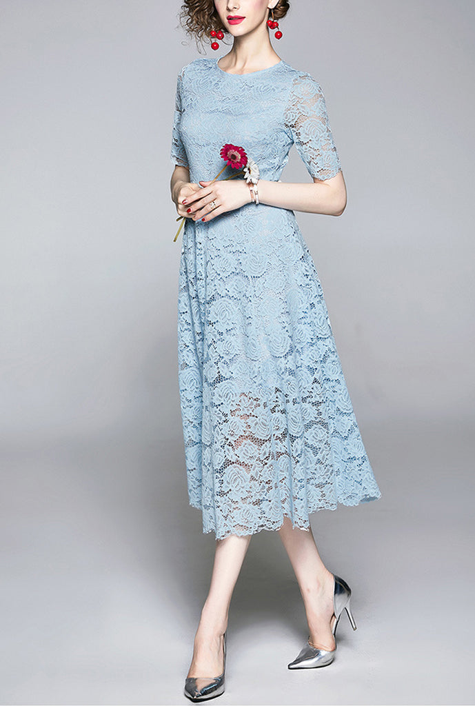 Short-Sleeved Waist Lace Dress