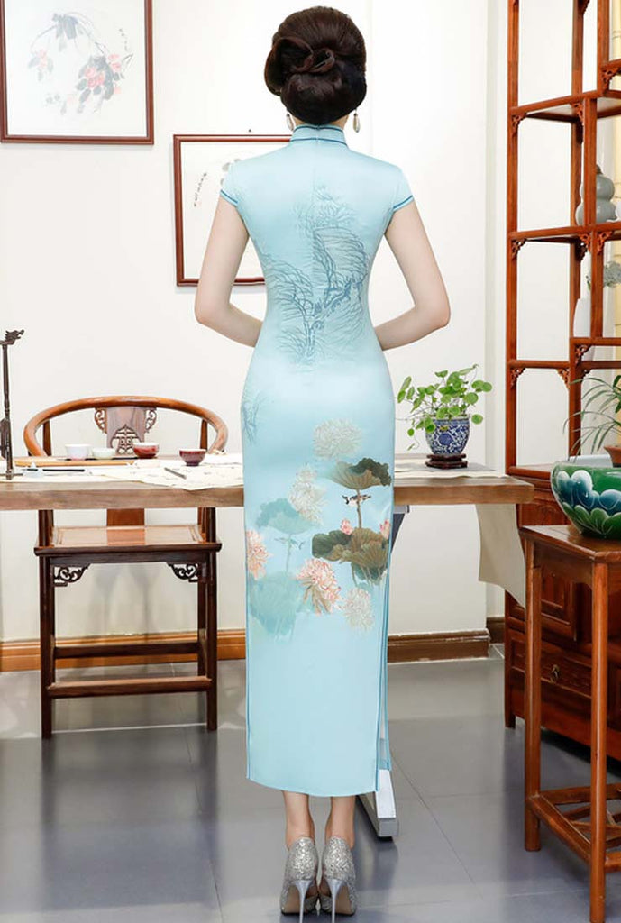 Short Sleeves Stand Collar Floral Print Long Cheongsam Dress