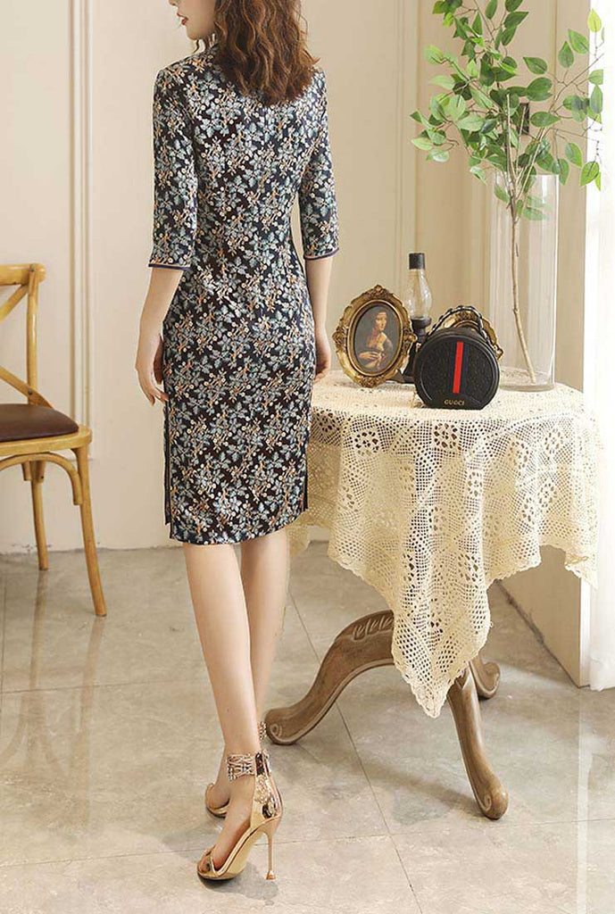 Slim-Fit Floral Print Cheongsam Style Midi Dress