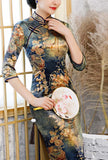 Slim-Fit Floral Print Velvet Cheongsam Maxi Dress