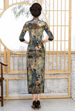 Slim-Fit Floral Print Velvet Cheongsam Maxi Dress