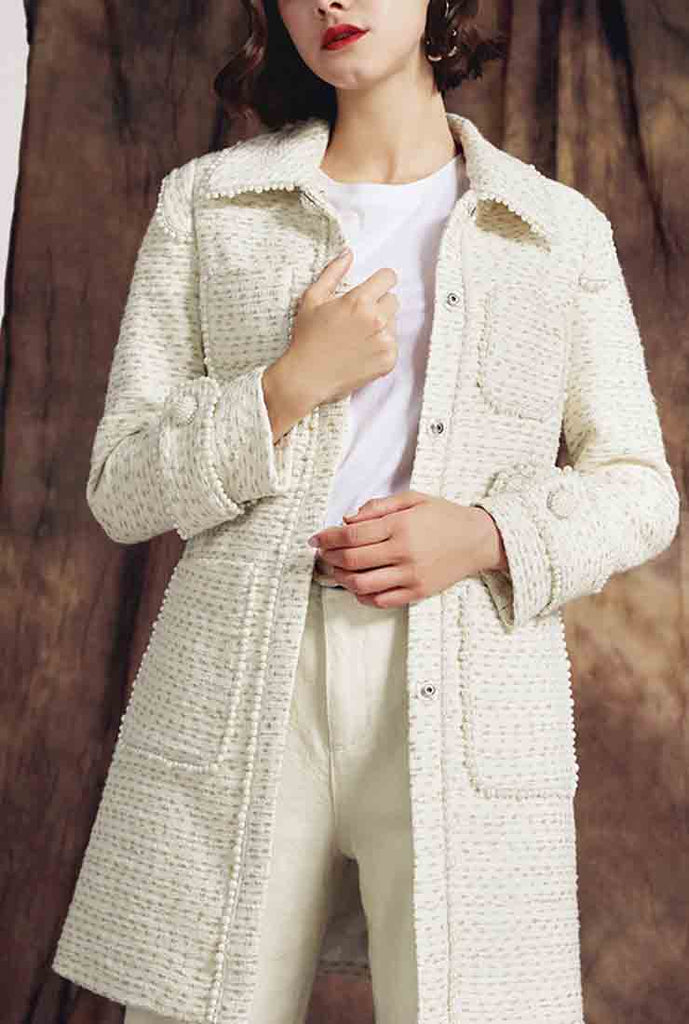 Slim-Fit Single-breasted Beige Tweed Overcoat