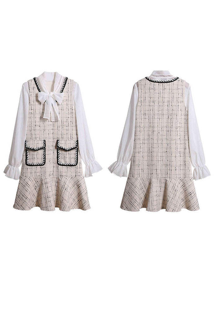 Slim-fit Chiffon + Plaid Tweed Mini Shirt Dress