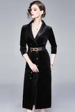 Slim V-neck Belted Black Velvet Midi Dress