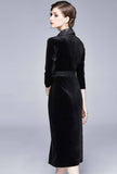 Slim V-neck Belted Black Velvet Midi Dress