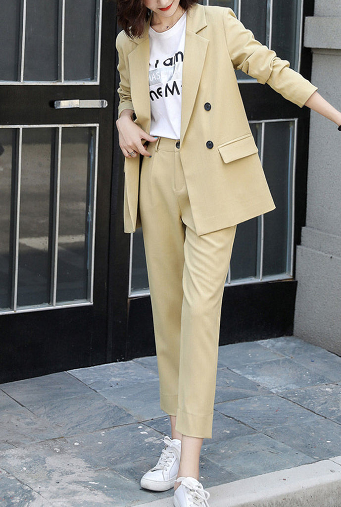 Solid Mid-length Double-Button Blazer & Straight-Leg Pants Suits