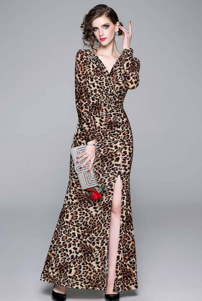 Split Leopard Maxi Cocktail Dress