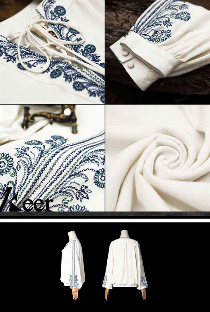 Split Neck Cotton Linen Floral Embroidered Blouse