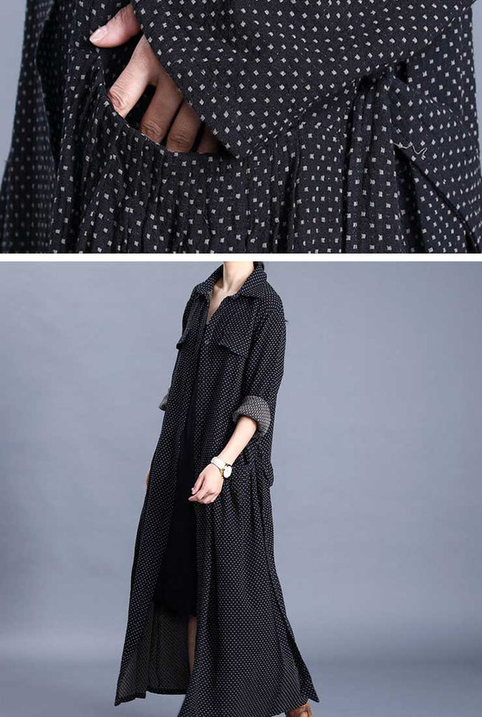 Spring Polka-Dots Print Belted Long Trench Coat