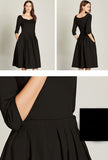Square Neck Black High Waist Pleated Midi Dress