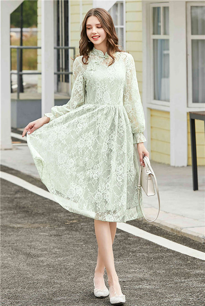 Stand Collar Cheongsam Style High Waist Lace Midi Dress