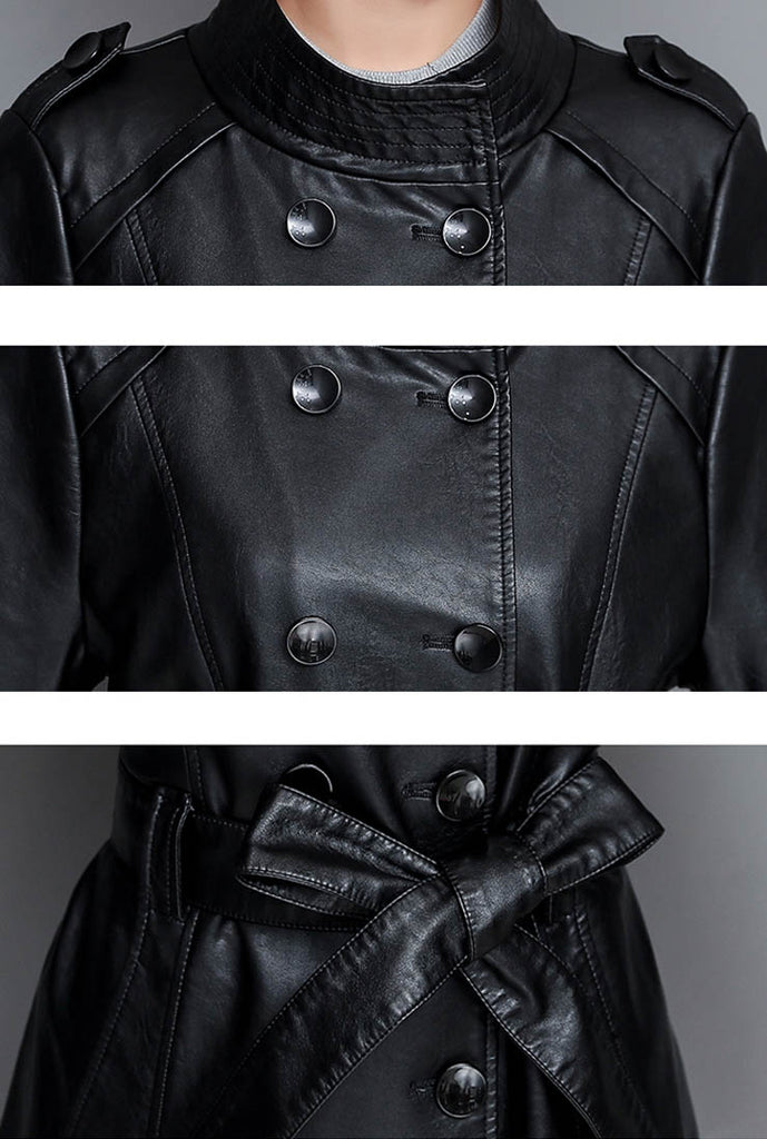Stand Collar Leather Trench Coat