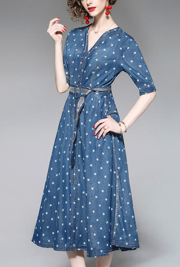 Star Printed Split Denim Midi Dress