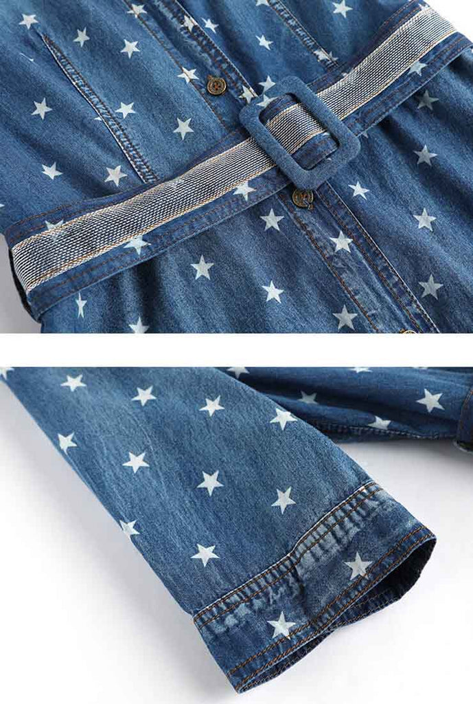 Star Printed Split Denim Midi Dress