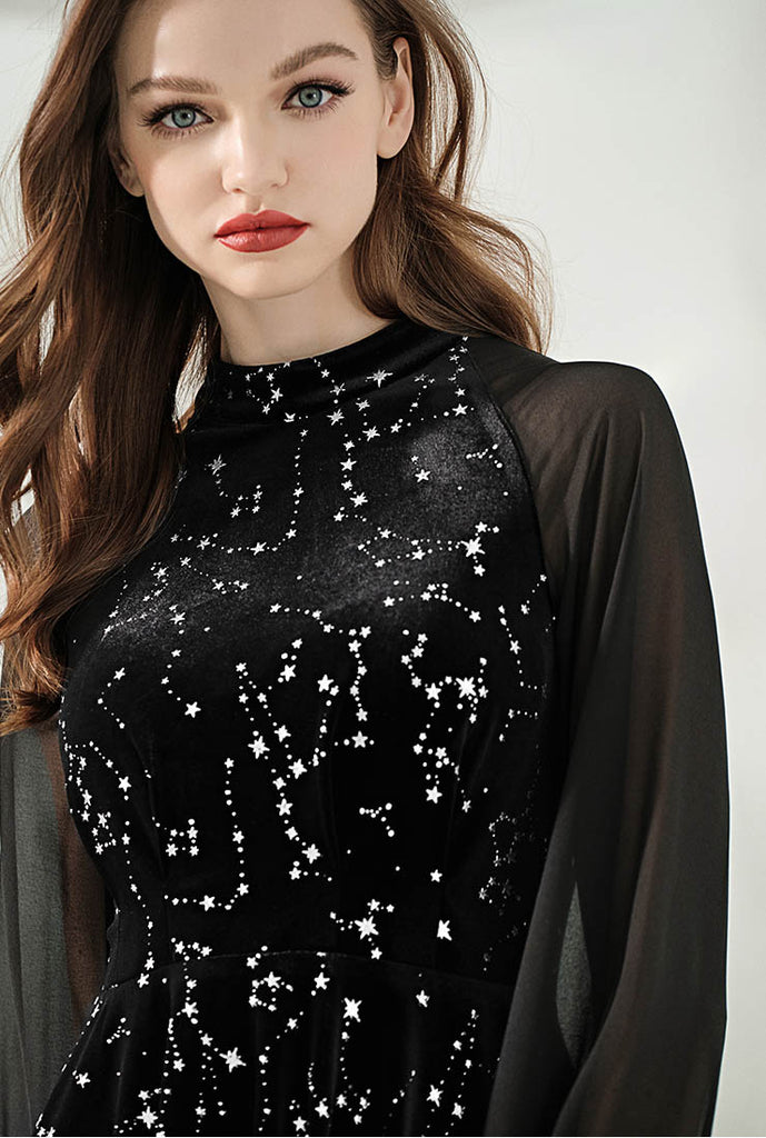 Star Sequined Velvet Lantern Sleeve Midi Dress
