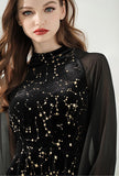 Star Sequined Velvet Lantern Sleeve Midi Dress