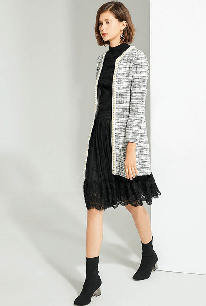 Striped Mid-length Cardigan With Pearl 