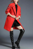 Lapel Collar Long Sleeve Embroidered Wool Coat