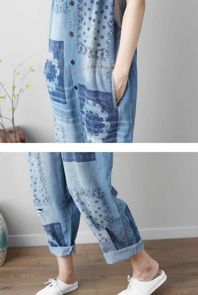 Summer Plus Size Ripped Floral Print Denim Overalls