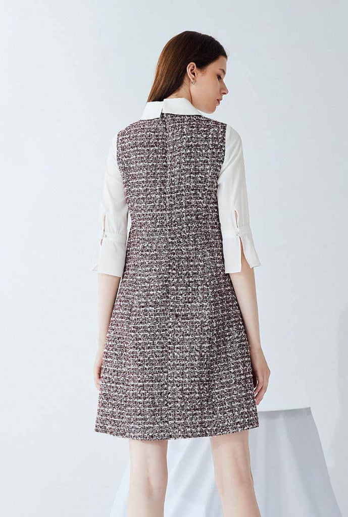 Tweed Chiffon Patchwork A-line Slim Shirt Dress