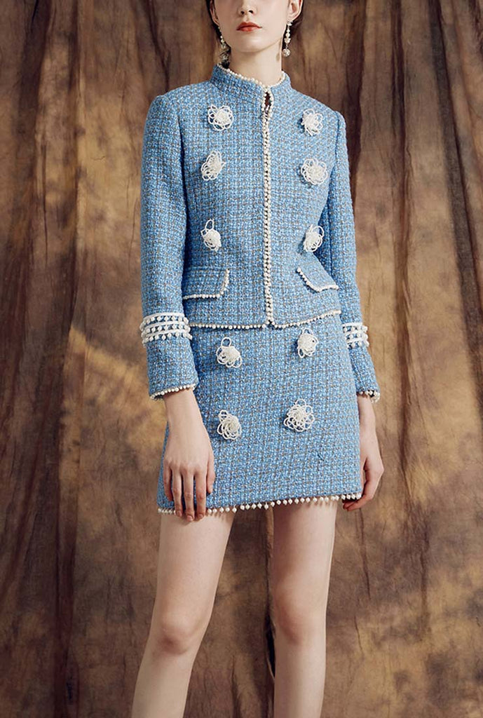 Chanel Beige & Blue Tweed Open Front Jacket & Short Skirt Set M Chanel