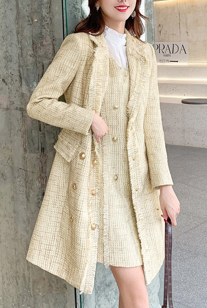 Tweed Long Coat & Midi Vest Dress Two Piece Set