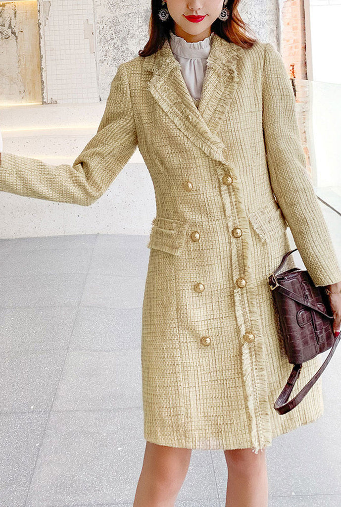 Tweed Long Coat & Midi Vest Dress Two Piece Set