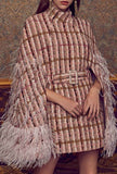 Tweed Plaid Feather Beaded Cape Coat with Belt