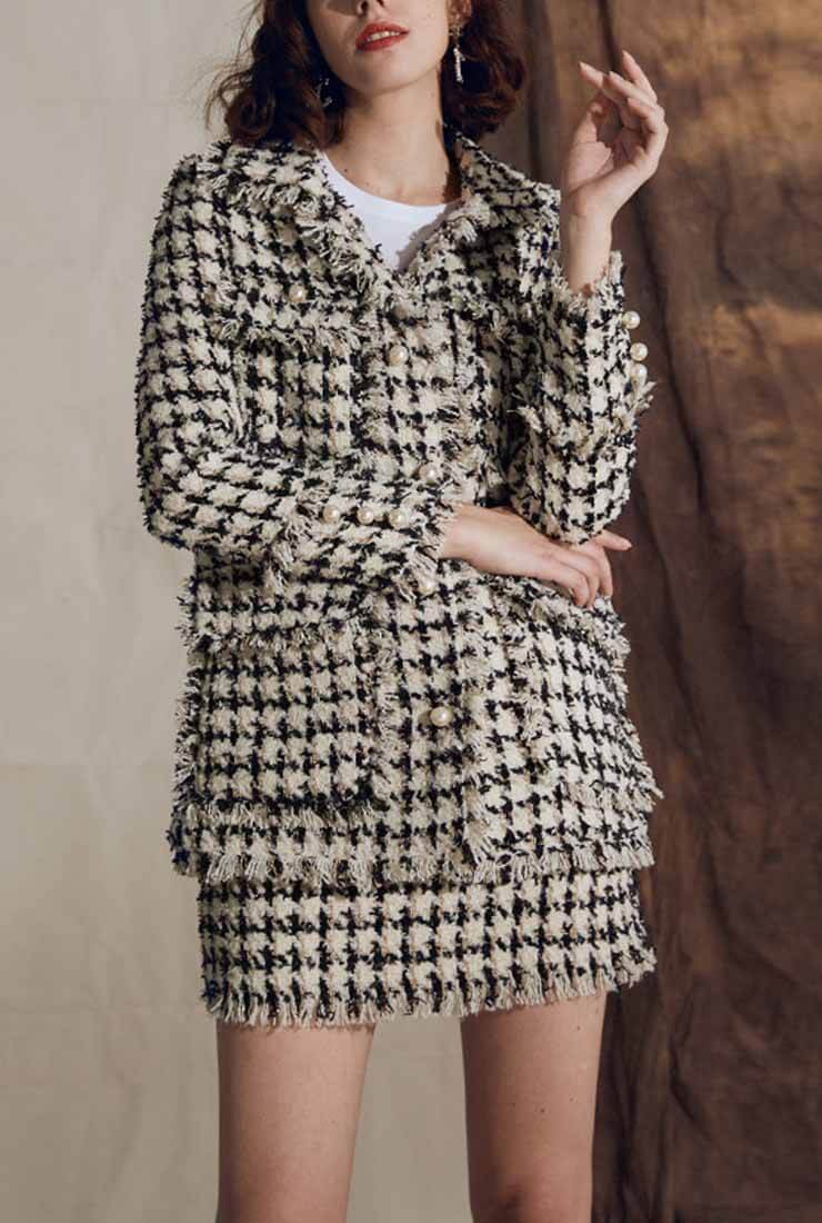 Womens Slim Plaid Tweed Two Piece Set With Fringed Trim Dress