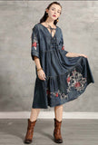 V-Neck Drawstring Floral Embroidered Oversized Midi Dress