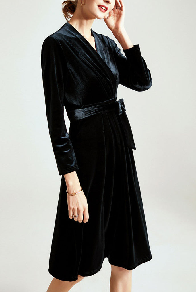 Long Sleeves V-neck Belted Velvet Wrap Midi Dress