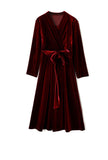Long Sleeves V-neck Belted Velvet Wrap Midi Dress