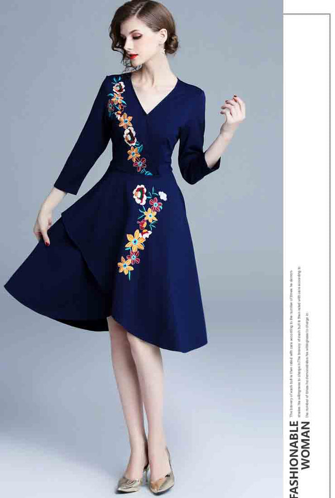 V-neck Irregular Midi Dress With Embroidered