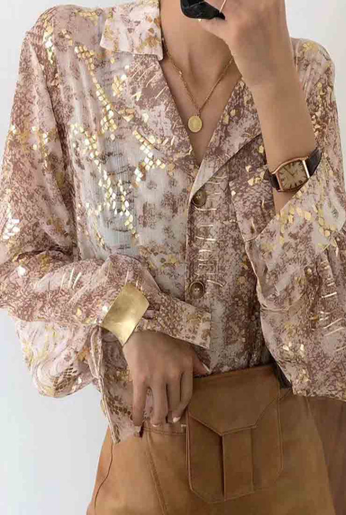 V-neck Lapel Collar Sequined Blouse 