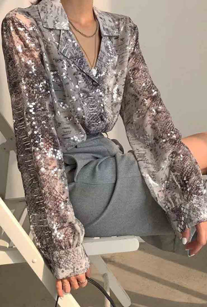 V-neck Lapel Collar Sequined Blouse 
