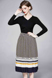 V-neck Long-sleeved Sweater + Pleated Skirt 