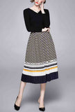 V-neck Long-sleeved Sweater + Pleated Skirt