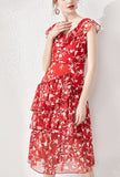 V-neck Ruffled Floral Chiffon Midi Dress