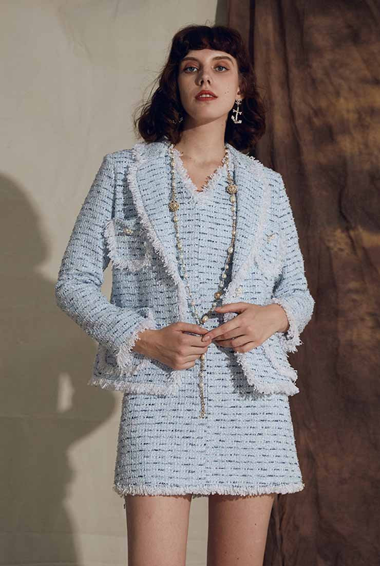 V-neck Sleeveless Tweed Mini Dress + Jacket Set