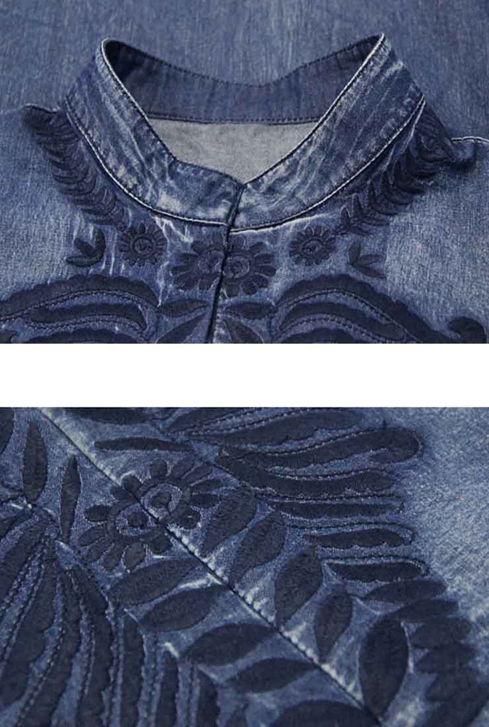 Vintage Spring Embroidered Loose-Fit Denim Maxi Dress
